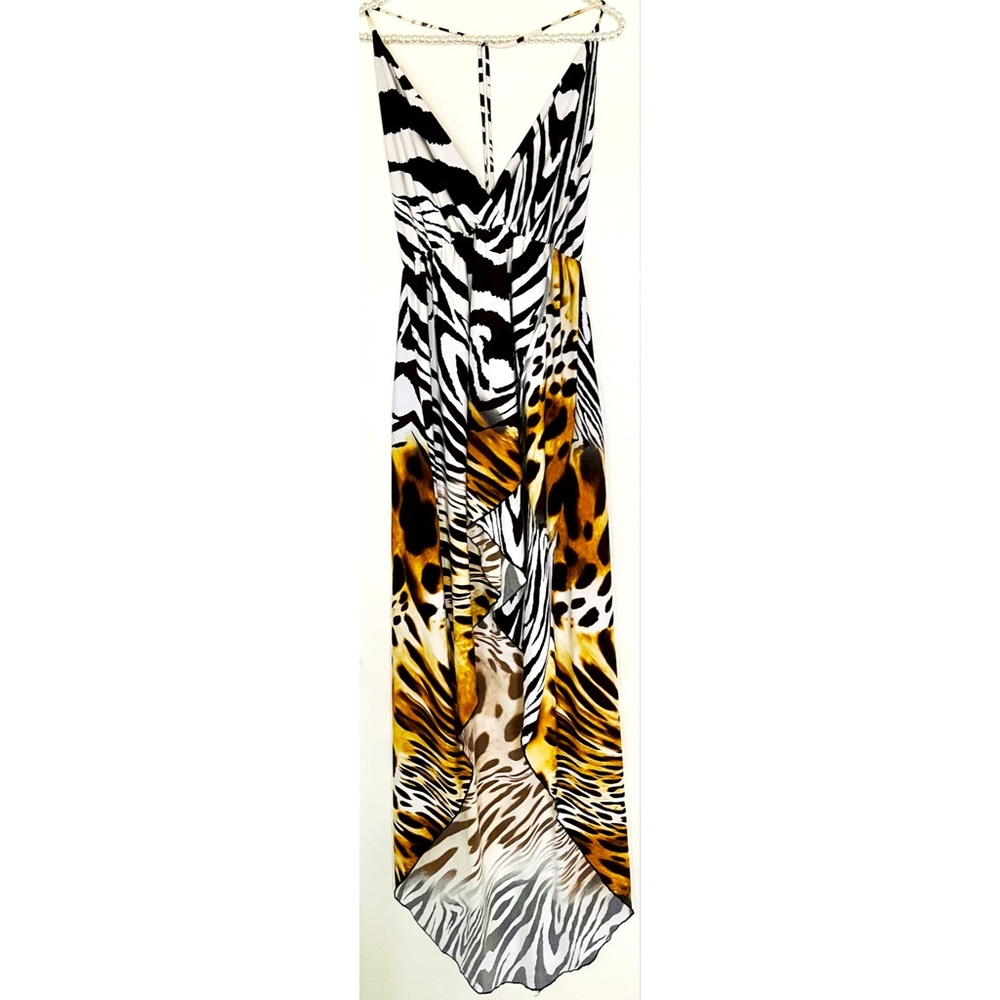 Symphony Leopard Cheetah Wrap Halter High Low Maxi Dress L